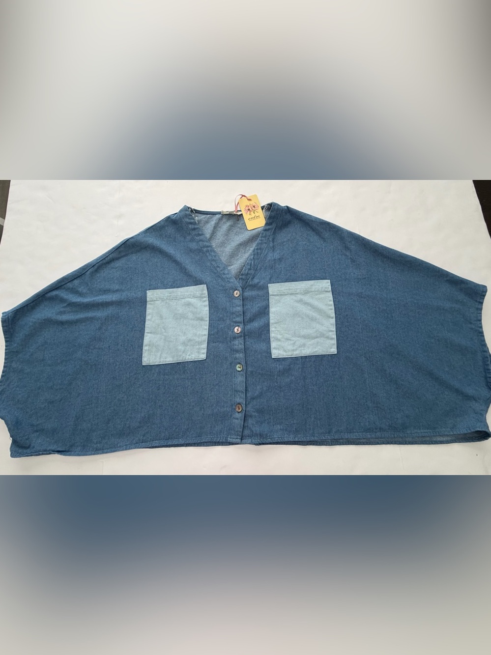 Entro Colorblock Denim Chambray Boxy Crop Top Large NWT Two Tone Pockets